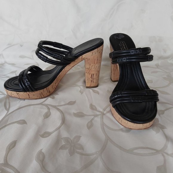 Coach Shoes - Coach Strappy Black Leather Cork Sandals 8